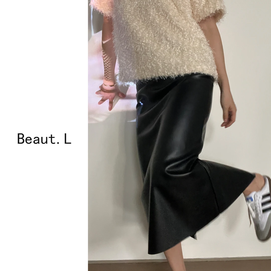 【Beaut.L】欧美小众款半身高腰皮裙开叉显瘦秋冬时尚百搭气质网红
