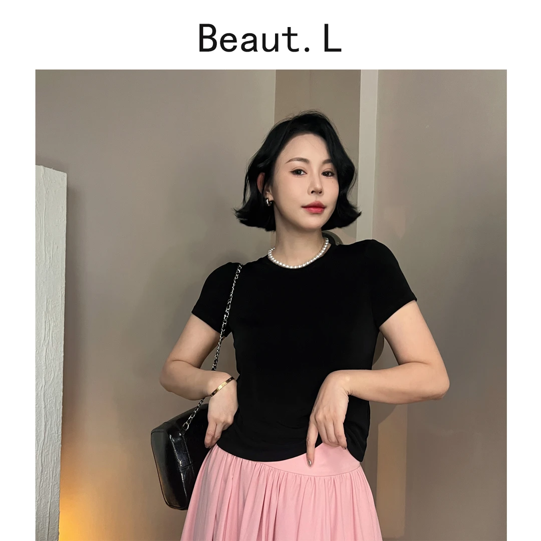 【Beaut.L】美丽推荐 圆领醋酸T短袖夏季黑色百搭纯色舒适打底时尚