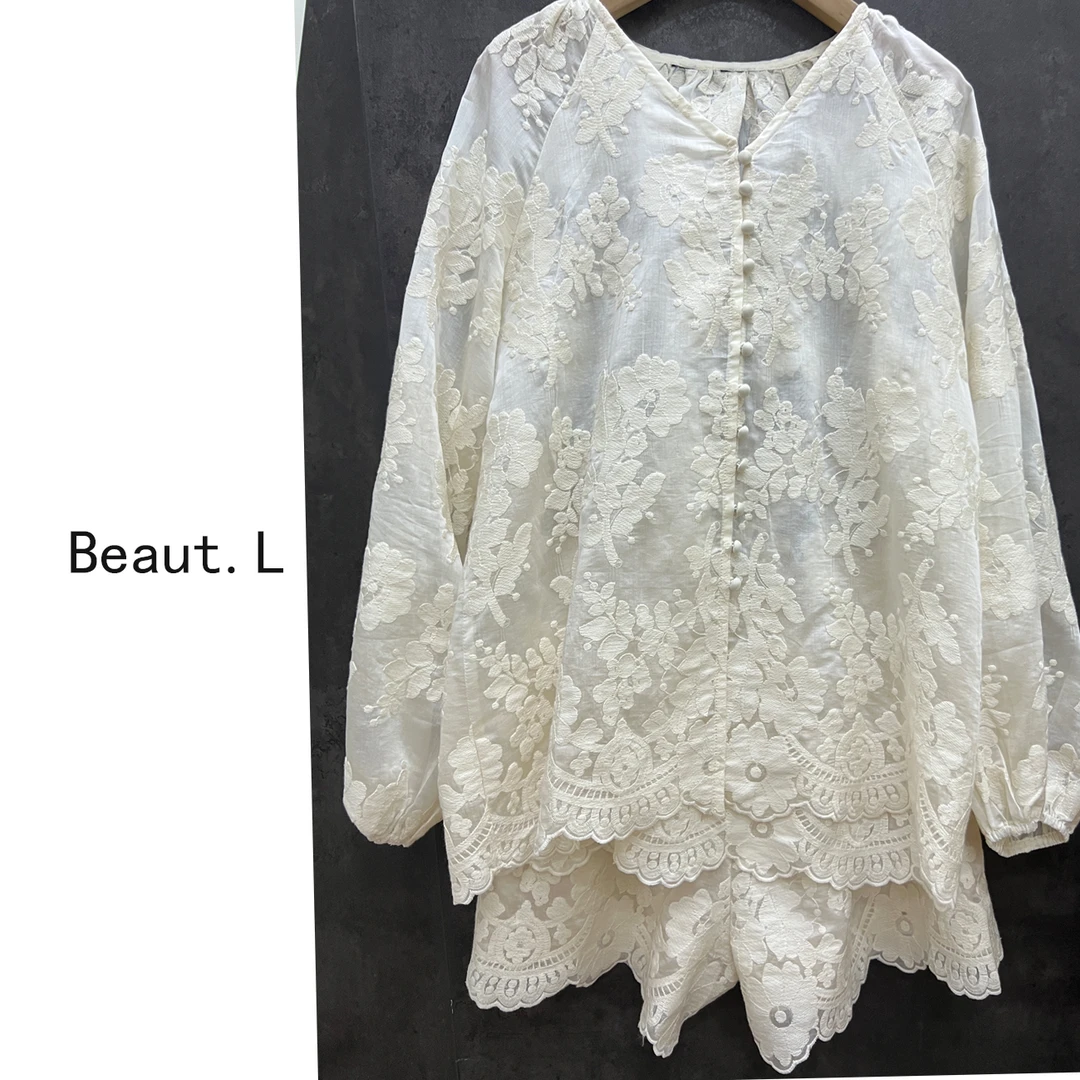 【Beaut.L】高级定制 宽松绣花气质 显瘦重工时尚套装蕾丝长袖提花