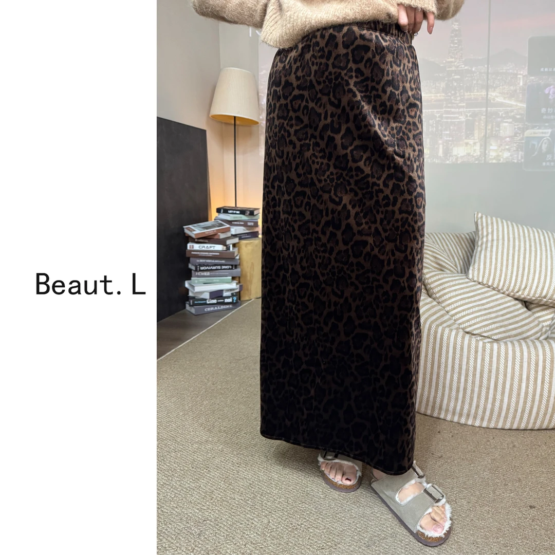 豹纹丝绒加厚半身裙【Beaut.L】显瘦时尚百搭复古开叉中长款秋冬
