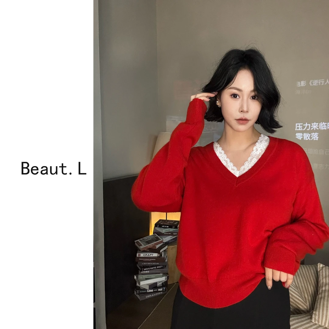 【Beant.L】 蕾丝花边V领毛衣 宽松显瘦时尚百搭套头撞色