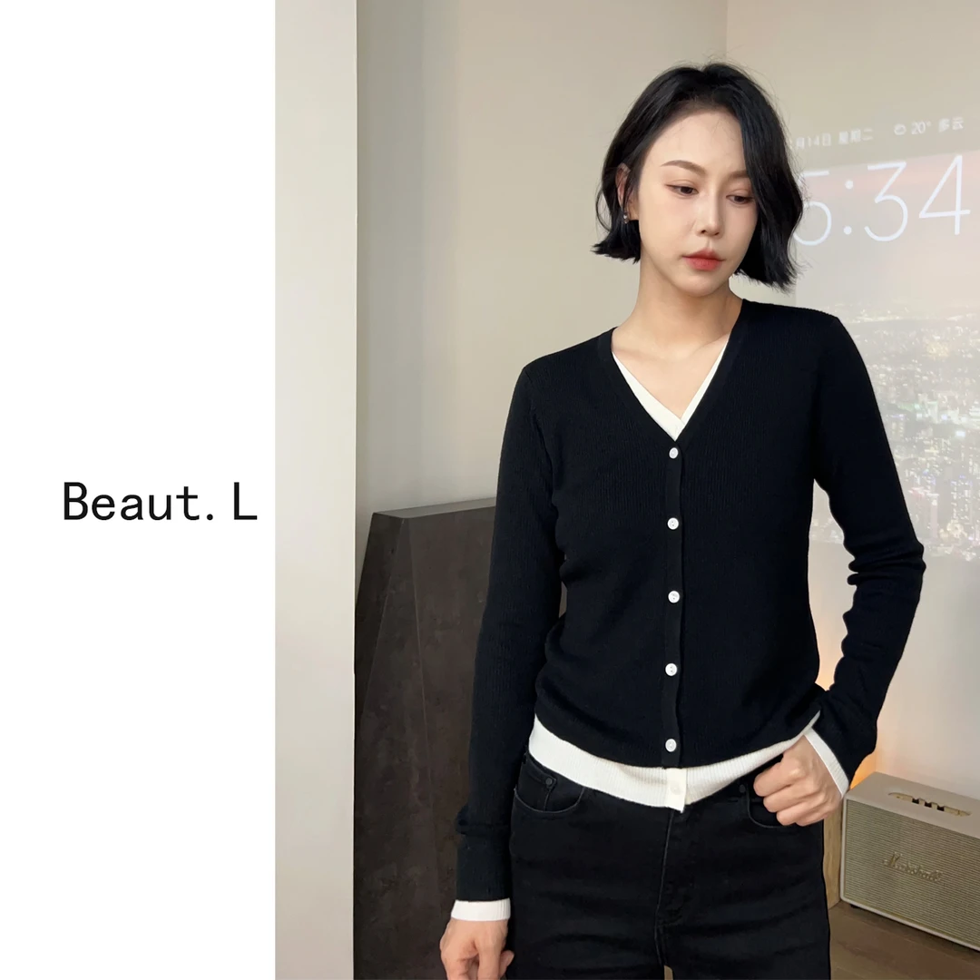 【Beaut.L】欧美设计款 美丽高级定制显瘦假两件开衫简约v领气质