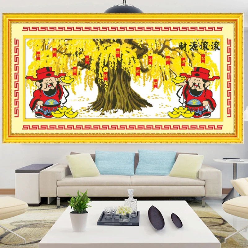 生意兴隆十字绣2021新款自己手工办公室线绣客厅摇钱树财源滚滚