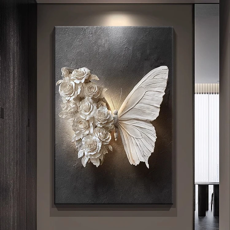 高级感黑白蝴蝶玄关装饰画浮雕立体感客厅沙发背景墙壁挂画落地画