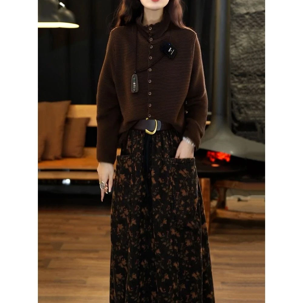 送腰带!时尚洋气裙套装2024秋季新款慵懒百搭针织衫+印花半身裙