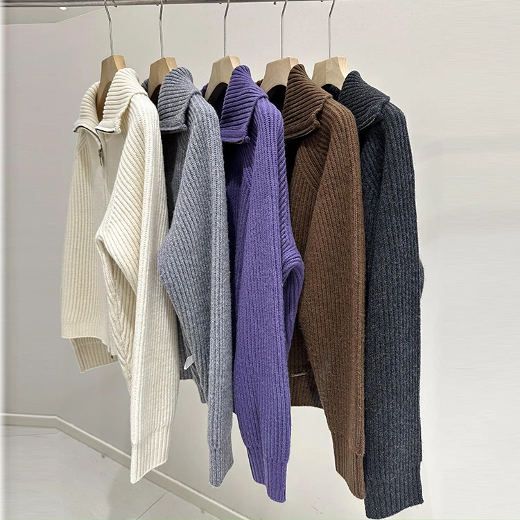 晶哥鱼鱼女款立领毛衣翻领羊毛针织衫开衫外套女 99061