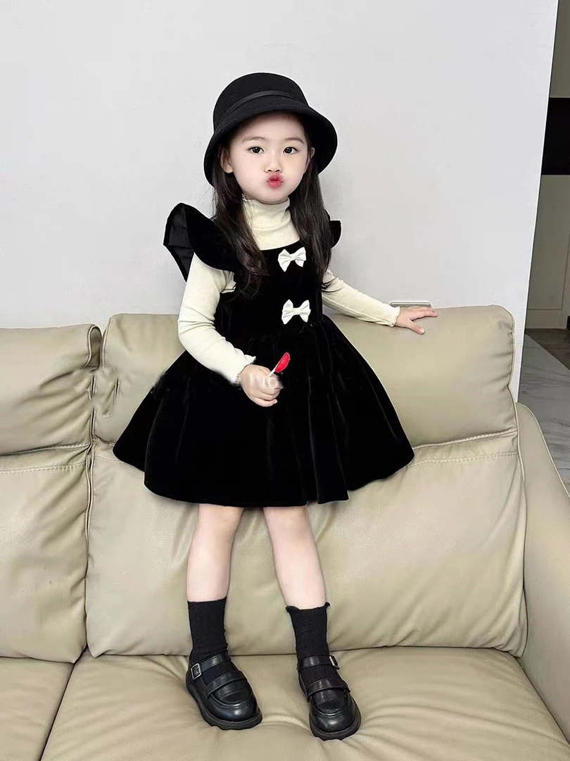 童装女童丝绒洋气飞袖连衣裙2023秋冬女宝宝百搭韩系背心裙子