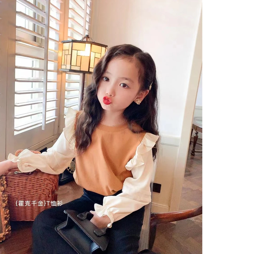 女童衬衫T桖春秋2023新款圆领洋气拼接木耳边儿童上衣衬衣