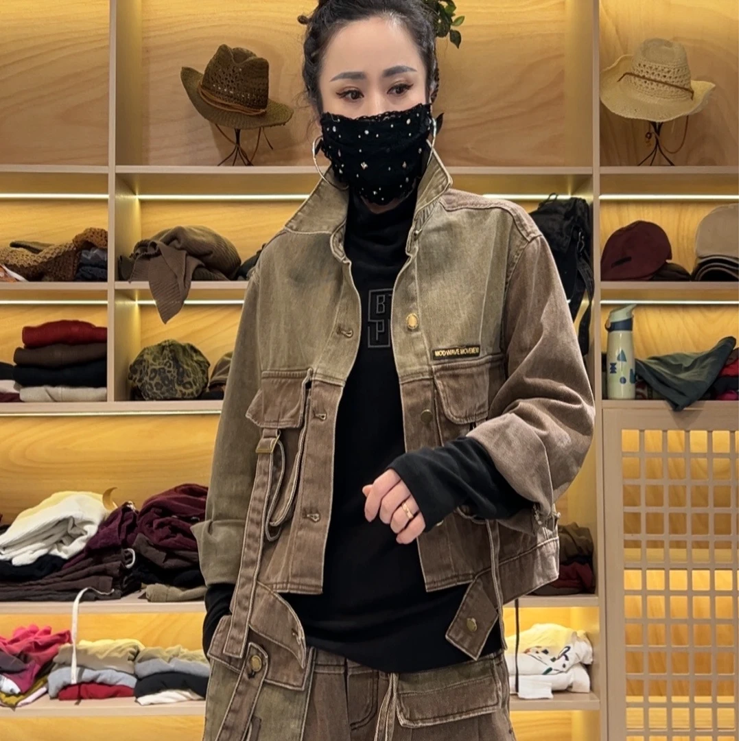 8015欧货重工水洗石磨拼色时尚牛仔短款外套