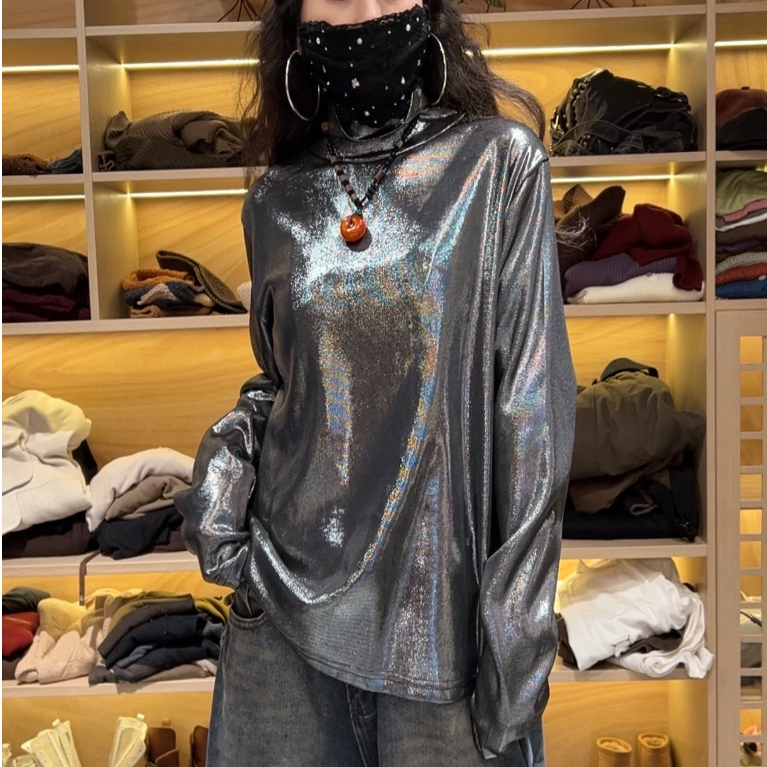 0214-1秋冬百搭加绒气质显瘦闪面潮酷打底上衣