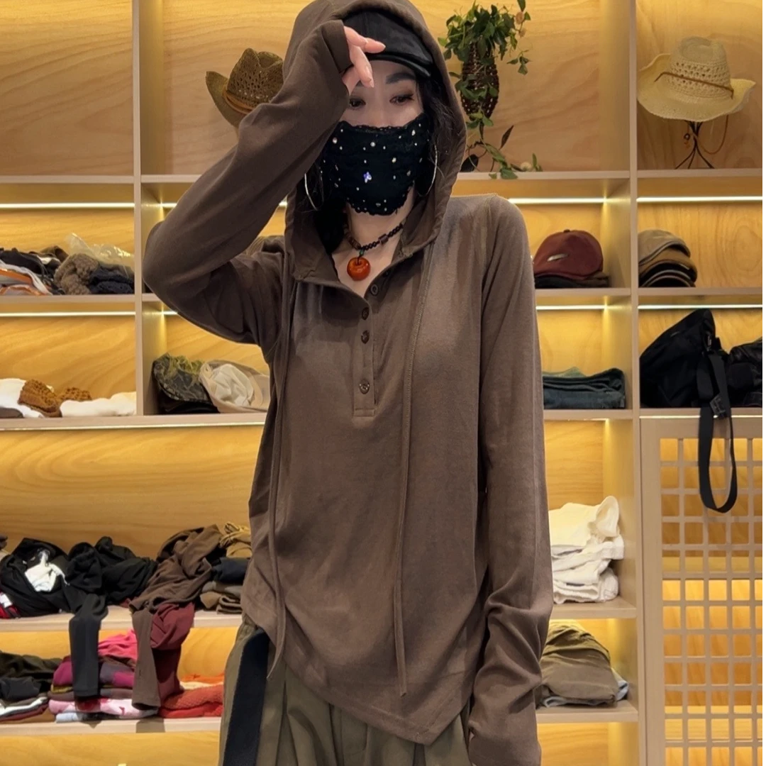 2311秋季新品时尚百搭高弹力显瘦下摆不规则连帽上衣