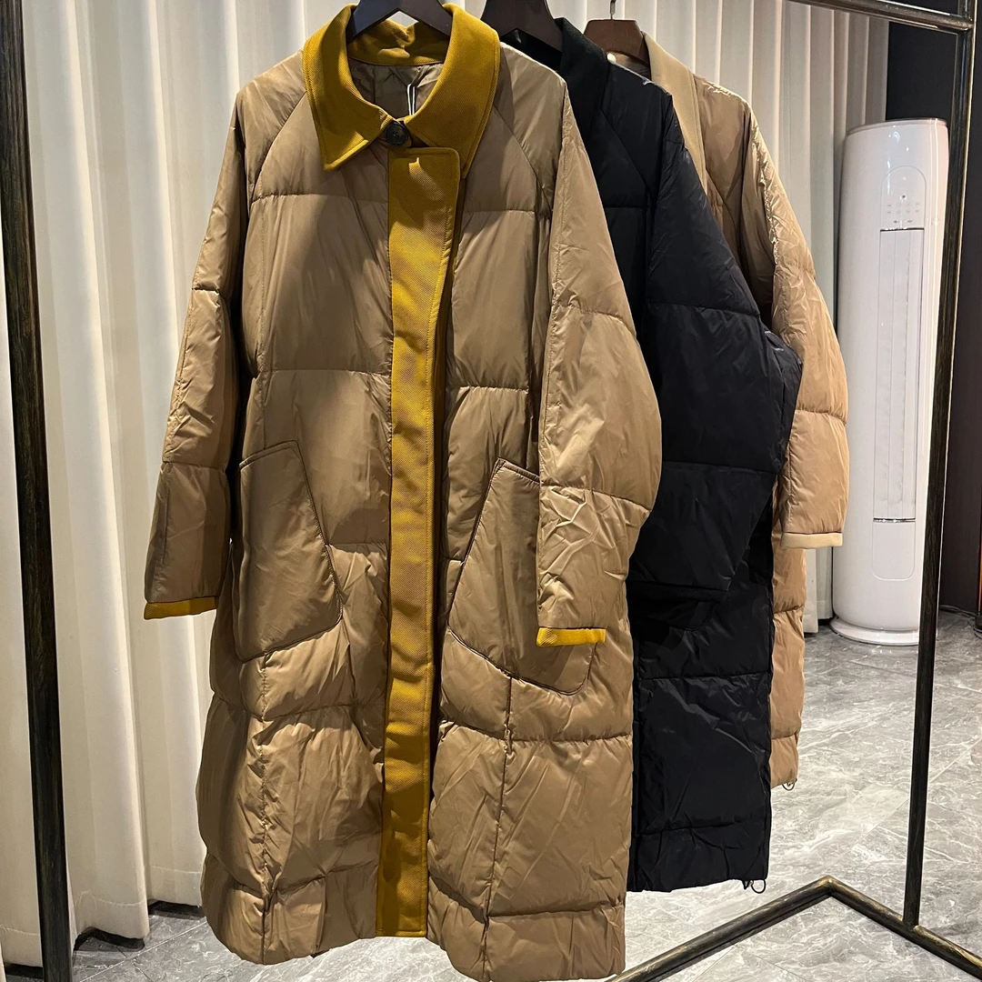 8823冬季新品宽松设计感拼接撞色大口袋长款羽绒服