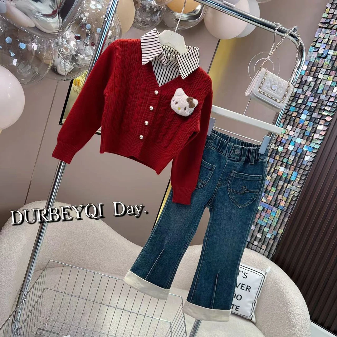 DURBEYQI/朵贝奇女童2024秋款韩版条纹领毛衣百搭牛仔裤套装4786