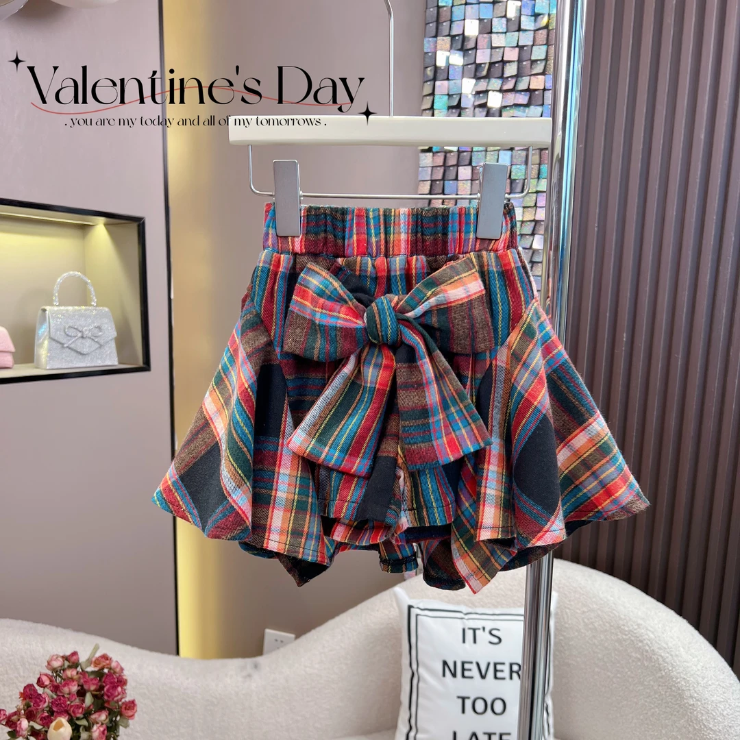 女童2024夏季新款韩版格子大蝴蝶结学院风松紧腰显瘦气质裙裤4405