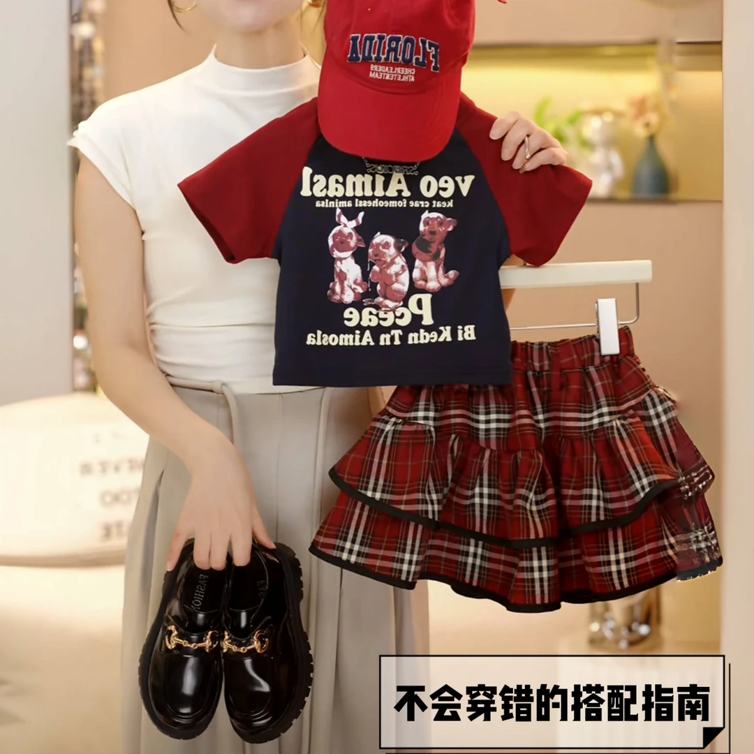 4171女童2024夏季新款字母撞色上衣卡通格子裙子套装
