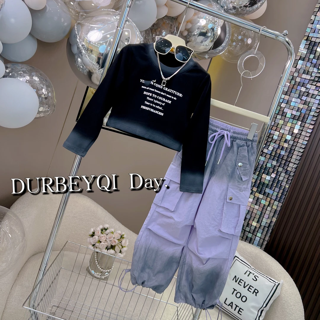 DURBEYQI/朵贝奇女童2025秋季字母撞色长袖束脚工装裤套装4573