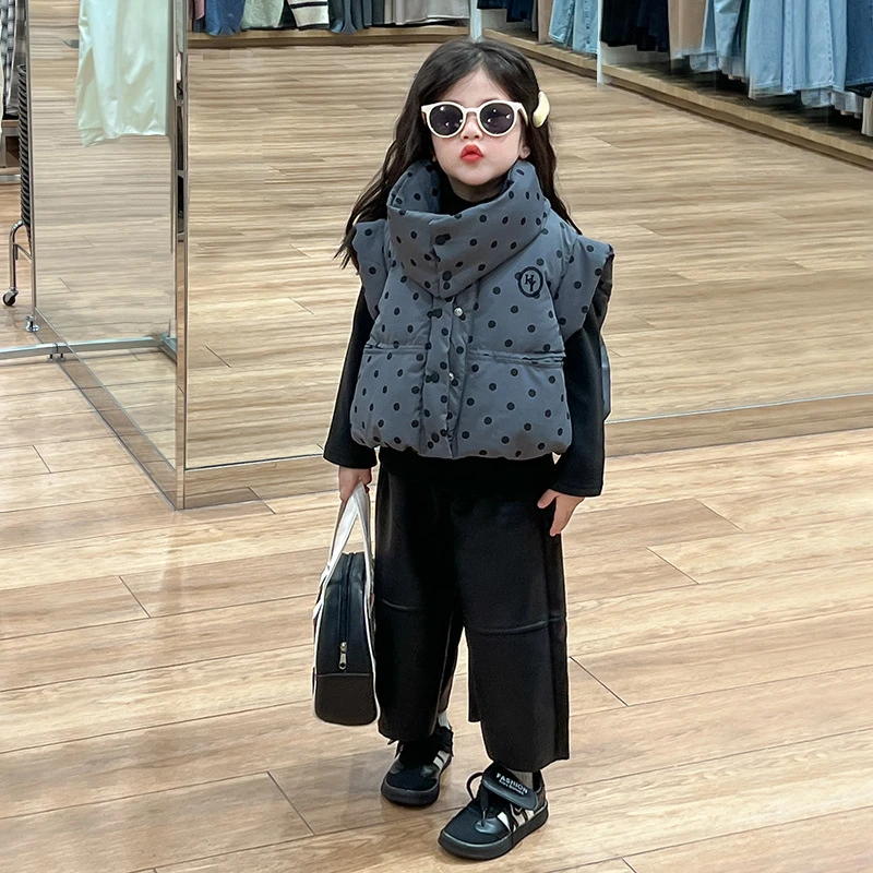 R24441韩版秋冬套装加绒皮裤可拆卸领子波点棉服马甲加绒打底衫潮