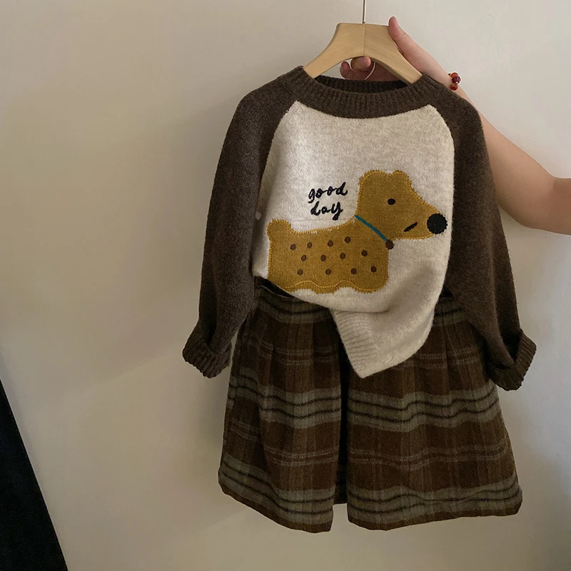 Z-KY023秋冬新款2024韩版套装拼色卡通小狗毛衣加绒格子阔腿裤潮