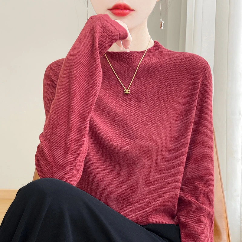 春秋圆领套头精纺羊毛长袖针织衫女宽松显瘦百搭打底毛衣