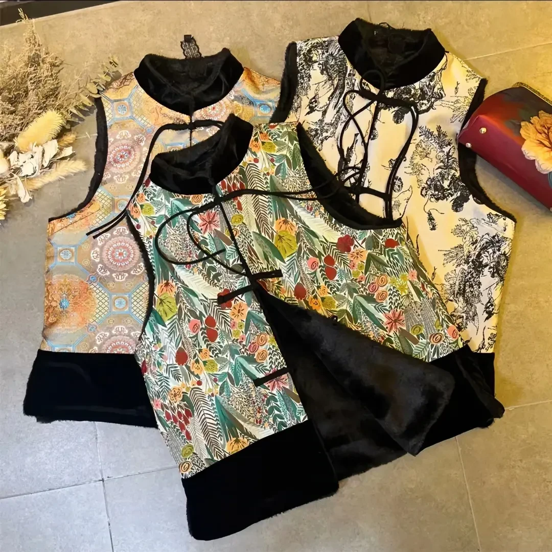 三色马甲   中国风无袖冬款加绒加厚流苏织锦缎百搭显瘦马甲