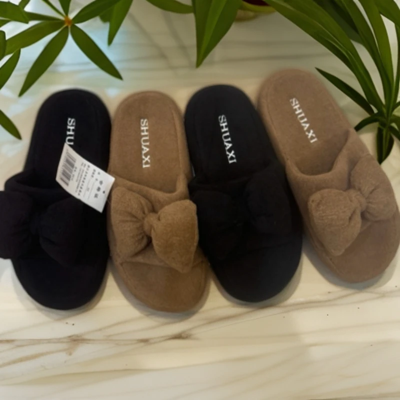 奢华蝴蝶结软底家居拖鞋男女情侣防滑厚底布艺