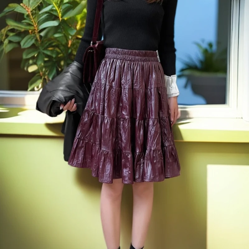 美式复古高腰蛋糕皮裙显瘦包臀短裙小个子半身裙秋冬松紧腰