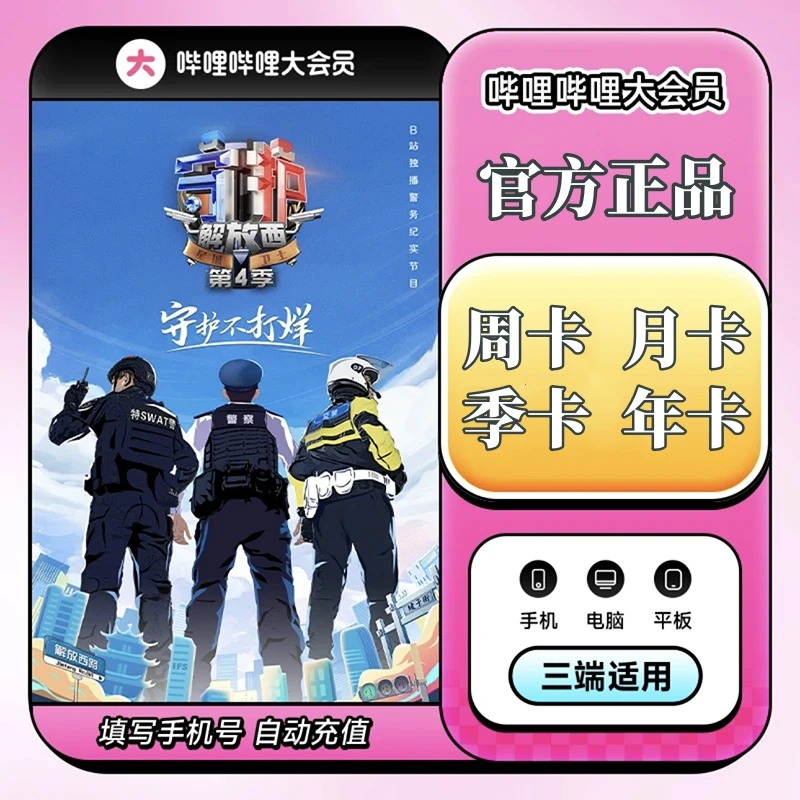 哔哩哔哩大会员自动充值周卡/月卡/季卡/年卡直充-不支持电视端