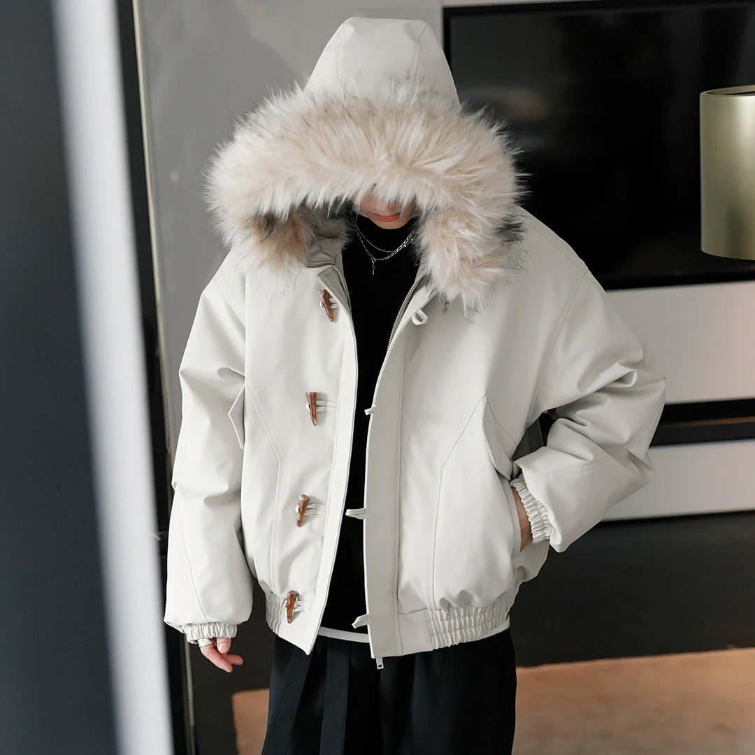 CHICERRO西西里男装连帽毛领保暖外套潮流牛角扣鸭绒羽绒服冬季