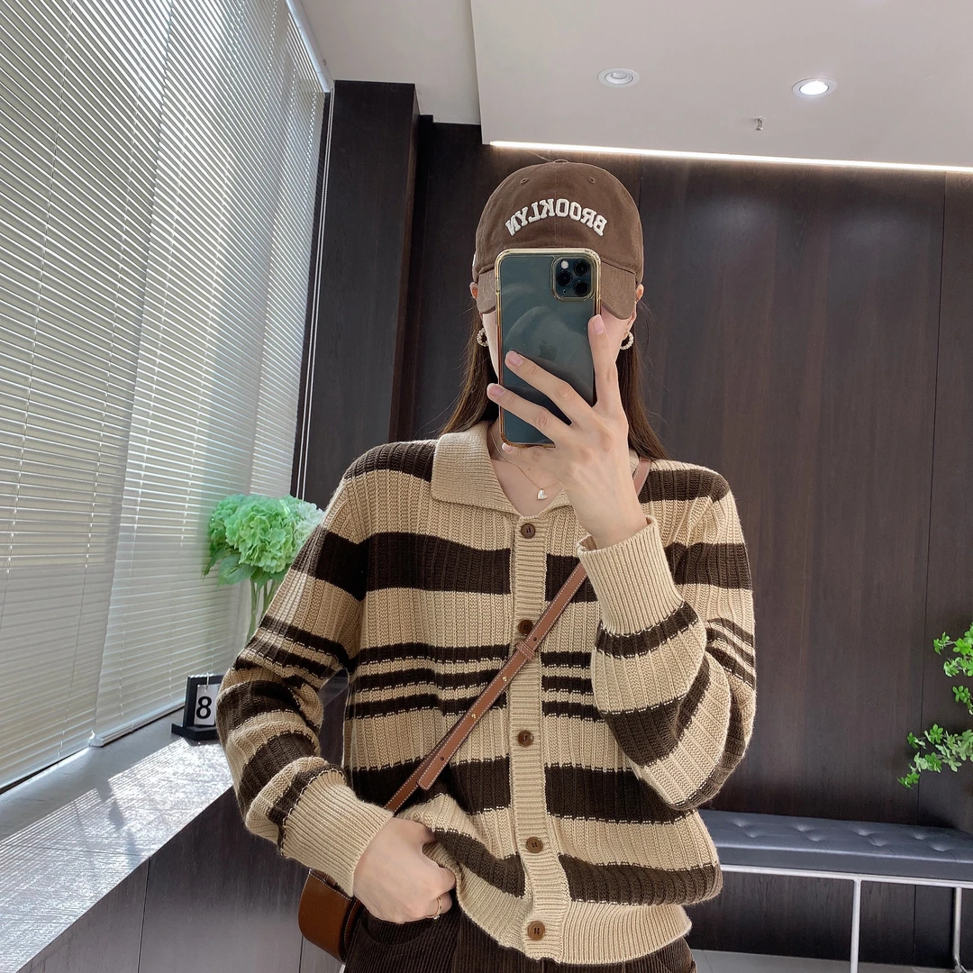 金小金自制【树莓曲奇】针织开衫DYW5713翻领毛衣女秋季条纹短外套