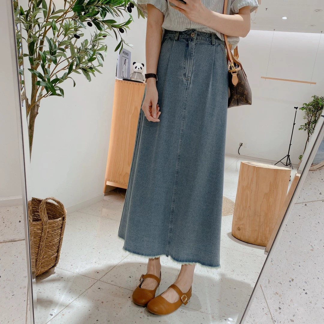 金小金自制【晚江吟】半身裙DYQ300牛仔裙女夏季韩版毛边a字裙