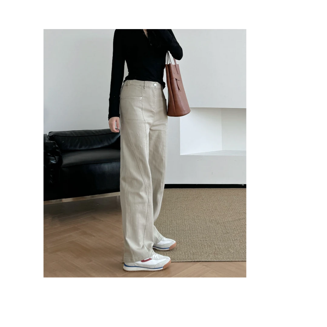 三哈宫-《米色牛仔裤》马拉la同款软弹春秋显瘦高腰秋季设计师宽松