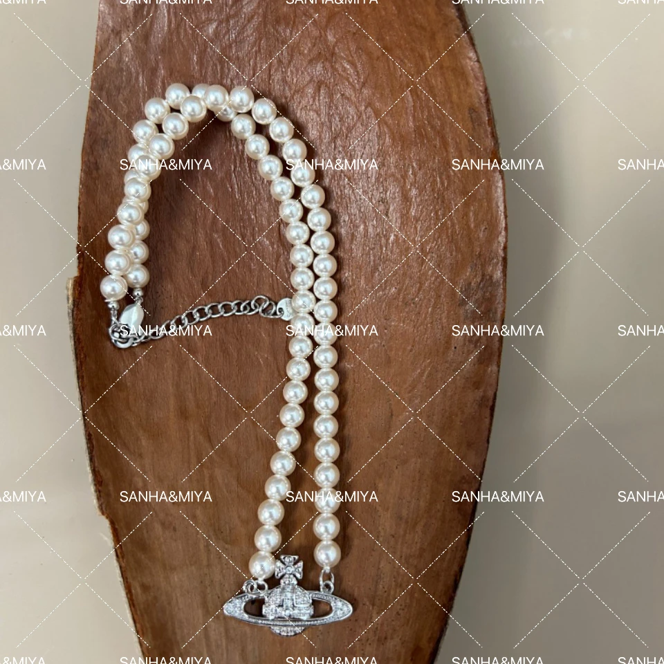 钛钢项链 《欧阳/同款项链》施华仿水晶珍珠西/太后土星项链(6mm)