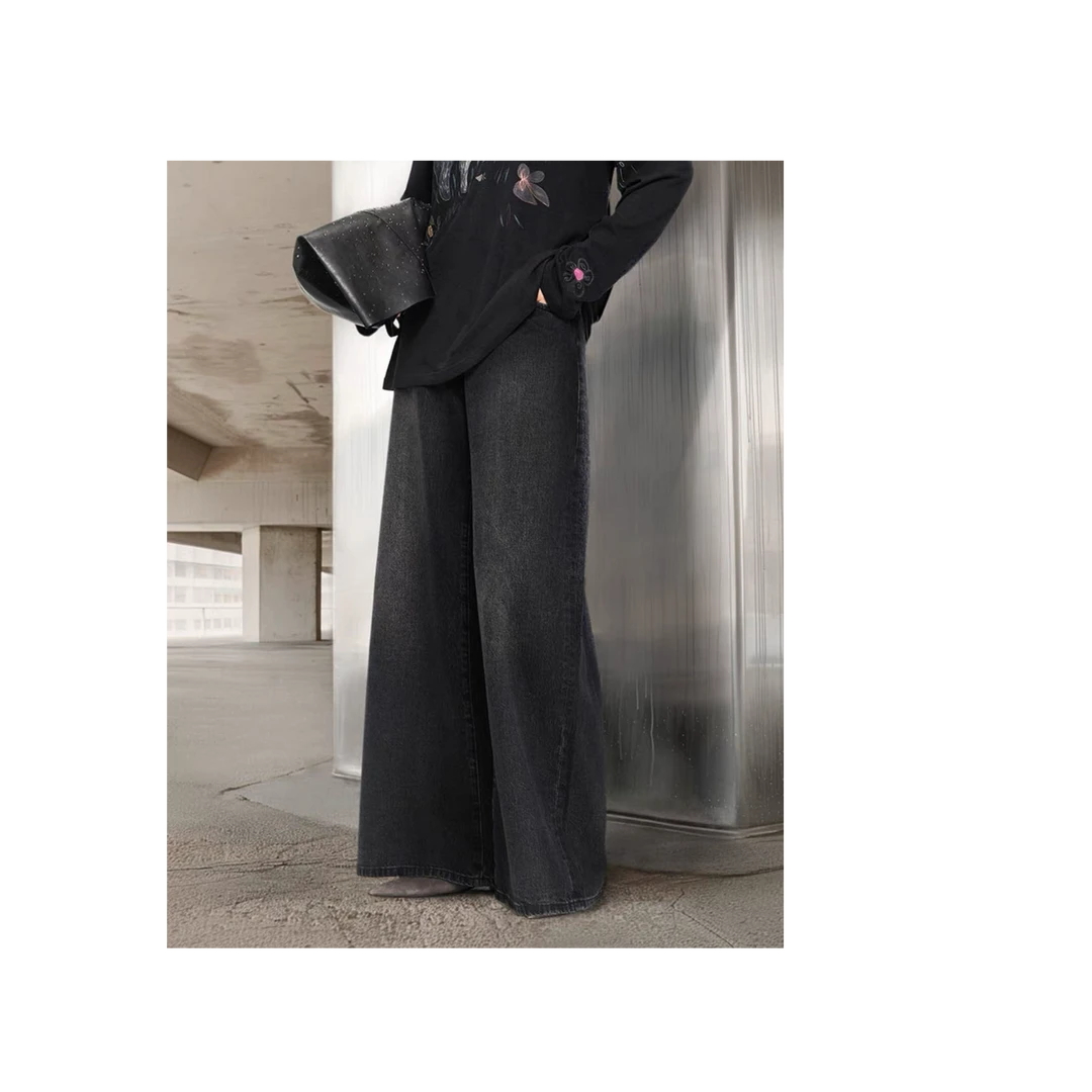 三哈宫-《JN牛仔阔腿裤》秋季女款宽松牛仔阔腿裤显瘦中腰百搭时尚