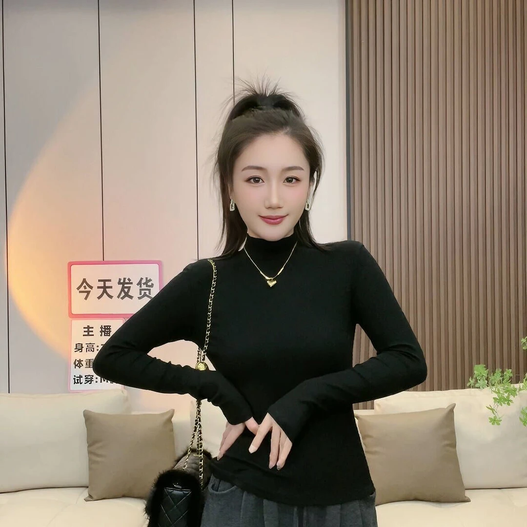 半高领长袖黑色T恤女加绒打底衫内搭显瘦修身秋冬冬季上衣#0028-3