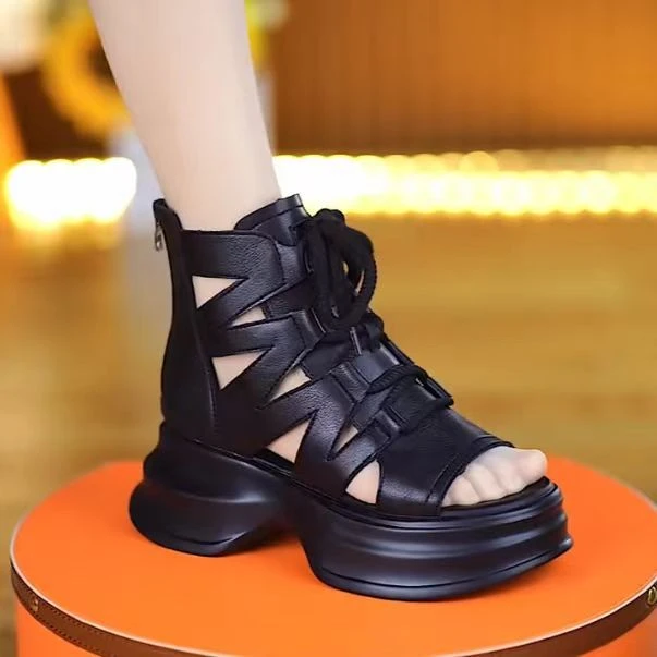 松糕厚底外穿罗马凉鞋透气2025夏季新款百搭时尚系带鱼嘴休闲凉鞋