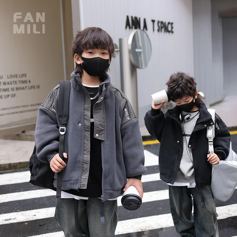 男童秋冬奥力绒外套儿童夹棉上衣2023新款中大童冬装加厚保暖棉服