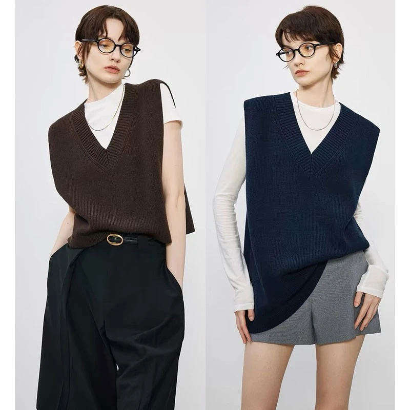 开间/同款可水洗極细羊毛 宽松粗针针织长/叠穿短廓形马甲坎肩