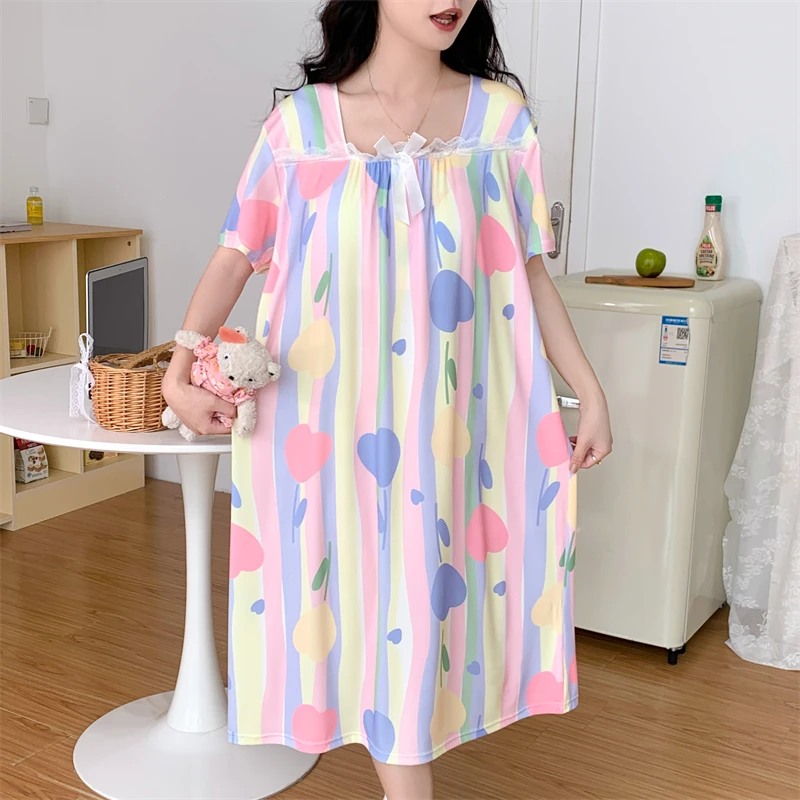 夏天特大码300斤带胸垫睡裙女夏季冰丝短袖宽松学生ins睡衣中长款