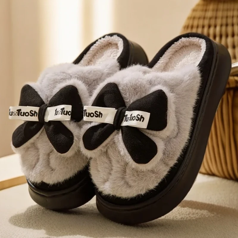 拖鞋女款秋冬保暖防滑棉拖鞋女加厚蝴蝶结毛毛拖鞋情侣居家棉拖鞋
