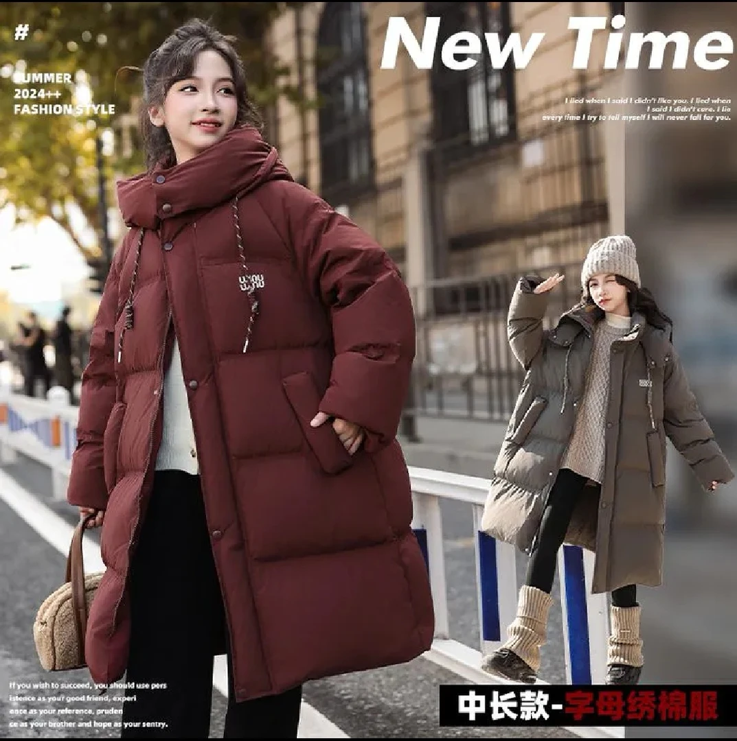 【加厚棉服】连帽绣花长款棉服韩版2024冬季新款棉服女童保暖过膝