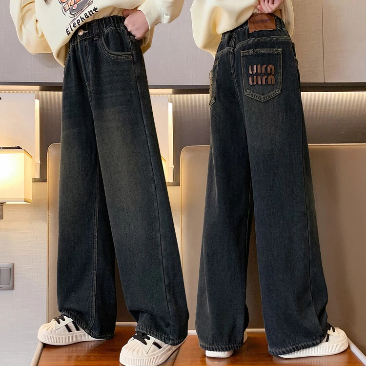 【加绒加厚】口袋袖口简约阔腿直筒牛仔裤百搭休闲秋冬高腰显瘦女童