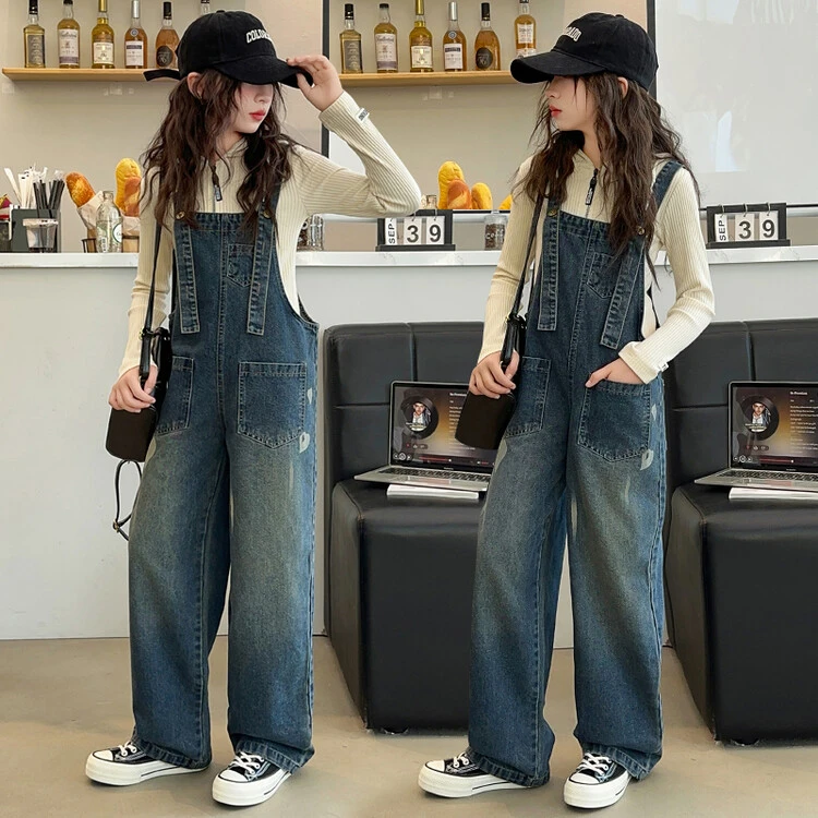 爱心复古阔腿直筒牛仔背带裤裤子百搭2024春秋女童中大童