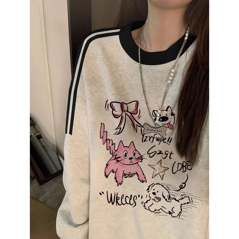 【帝韵】三条杠圆领印花卫衣女春秋季宽松慵懒风设计感套头无帽上衣