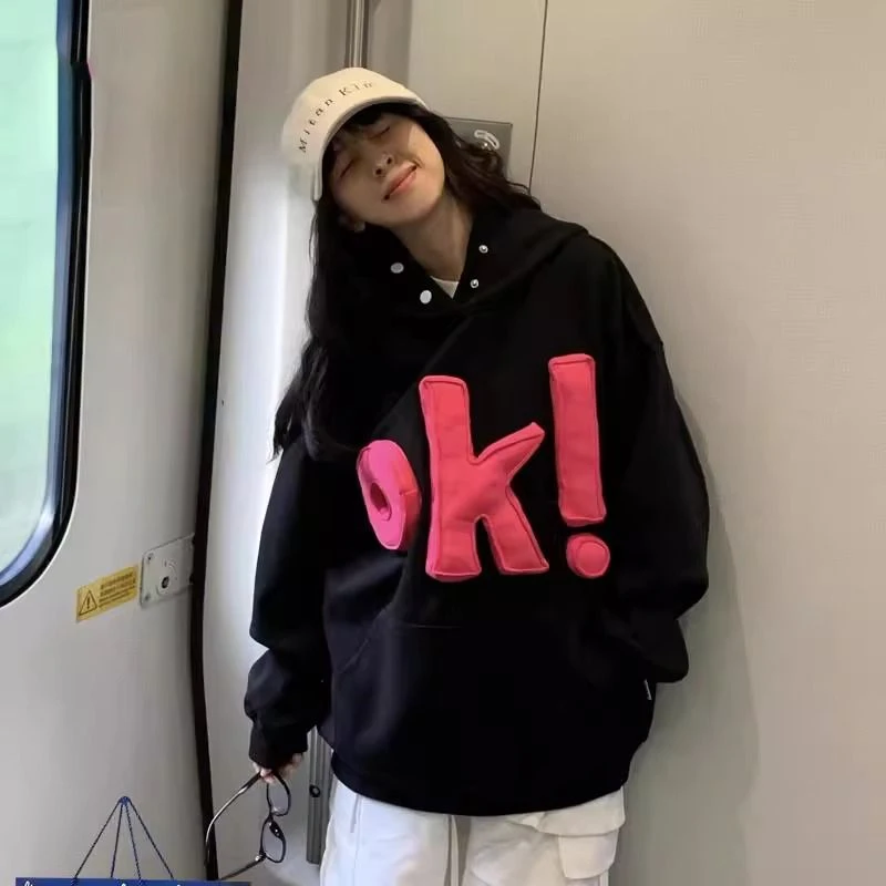 【帝韵】国潮牌立体贴布绣连帽卫衣女秋冬美式宽加绒松加厚长袖外套