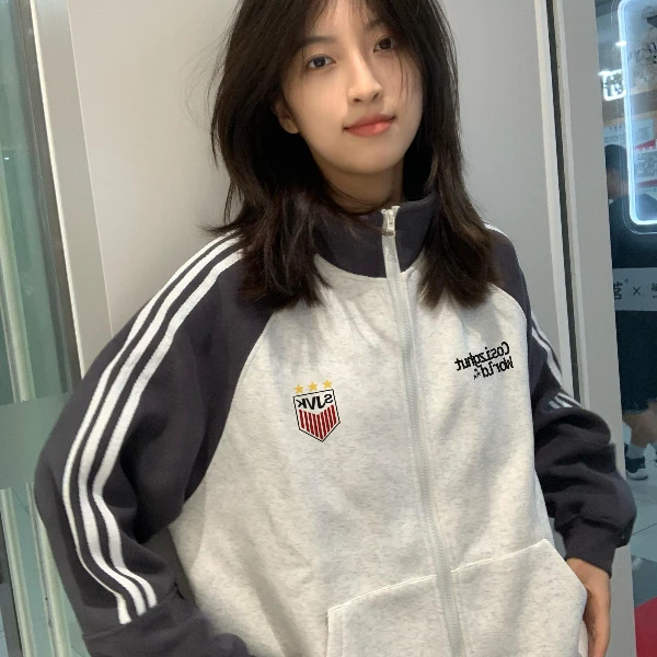 【帝韵】美式复古插肩袖条纹卫衣潮牌宽松开衫运动休闲外套女秋加绒