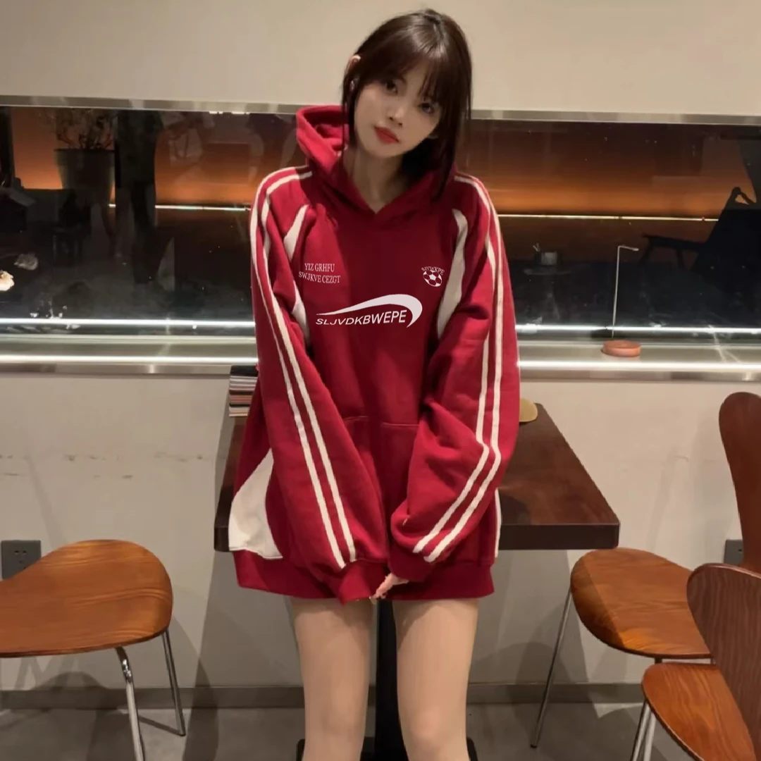 【帝韵】情侣美式复古酒红色运动连帽卫衣三条杠潮流休闲宽松春秋款