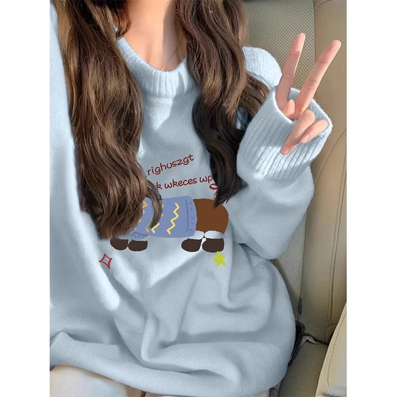 【帝韵】蓝色软糯小狗圆领毛衣女秋冬季小个子宽松慵懒风针织衫上衣