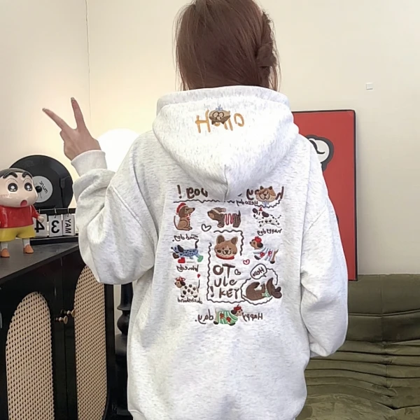 【帝韵】新款重工刺绣腊肠狗加绒加厚长袖百搭连帽卫衣女宽松外套潮