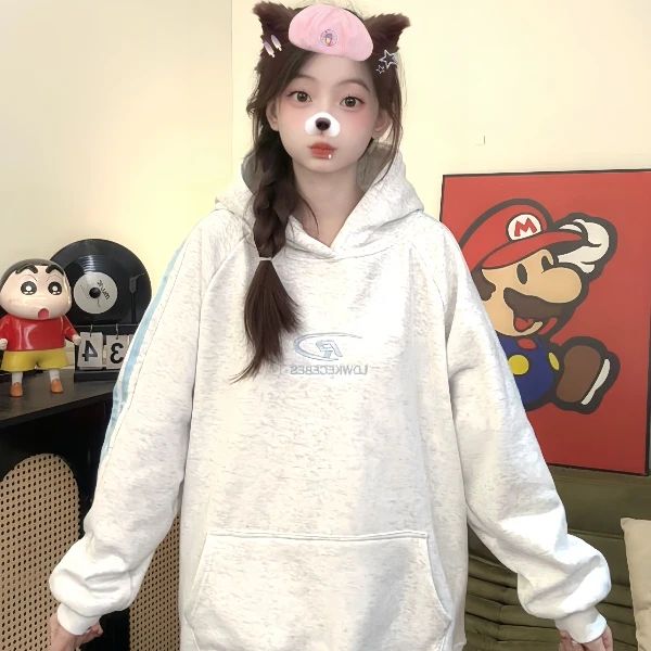 【帝韵】国潮牌情侣美式刺绣插肩三条杠卫衣女宽松加绒加厚连帽上衣