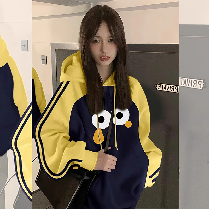 【帝韵】撞色三条杠连帽卫衣女春秋薄款宽松慵懒风美式复古港味上衣